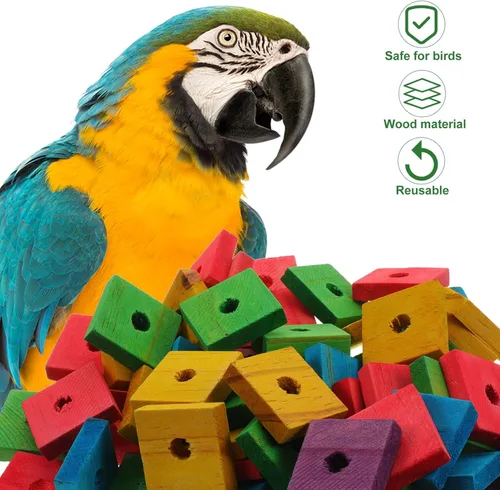 Vista 8 de 100 piezas de madera bloques de loro juguetes pájaro loro jaula piezas para bricolaje jugar masticar trituración