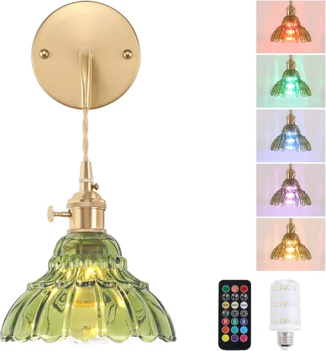 Vista 19 de Shenmoyl - Aplique de pared que funciona con pilas, lámparas de pared vintage recargables con pantalla de vidrio de lirio verde, lámpara de pared