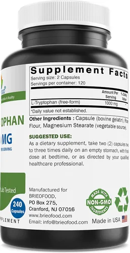 Vista 3 de Brieofood L-triptófano 1000 mg por porción - 240 cápsulas - Apoya el estado de ánimo venenoso y la relajación