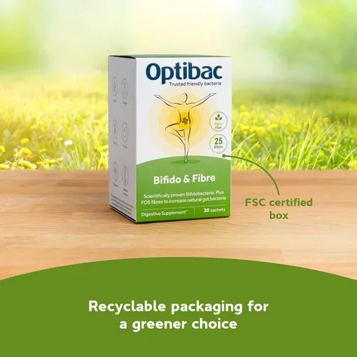 Vista 6 de Optibac Probióticos en polvo con bifidobacterias y fibra, 30 sobres 25 mil millones de UFC + 0.14 oz de fibra FOS Mezcla vegana de probióticos