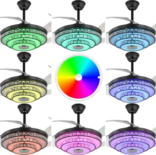 Vista 4 de Ventilador de techo de 42 pulgadas con luz, ventiladores de araña negros Retractable Ceiling Fans with Lights, Crystal Chandelier with Music, 7