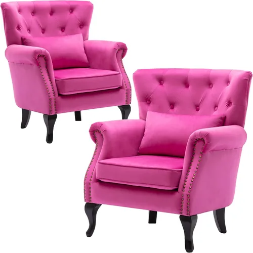 Vista 14 de Juego de 2 sillas decorativas modernas de mediados de siglo, sillón de tela de lino con respaldo acolchado/patas de madera, sillón de descanso