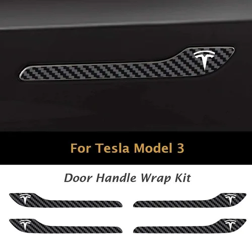 Vista 3 de IPG Kit de 4 calcomanías para manija de puerta de Tesla Model 3/Model Y (juego de 4) con logotipo de Tesla (fibra de carbono negra)