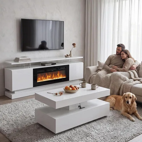 Vista 12 de 2 Piece Modern Table Set Includes 70" Fireplace TV Stand & 47" Coffee Table with Charging Station and USB Ports, for Living Room, Black