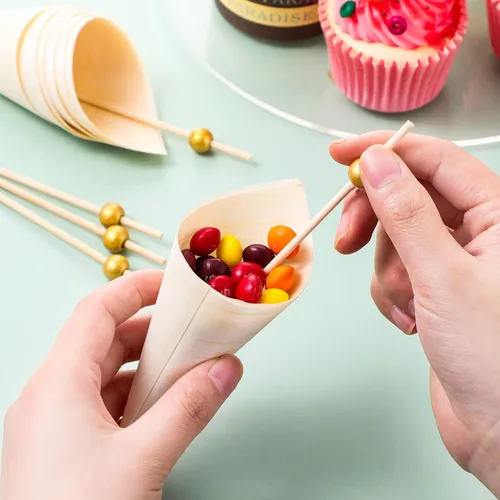 Vista 4 de 400 piezas desechables de madera conos de perlas, palillos de bambú para aperitivos, palillos de madera para alimentos, soporte para cono de helado