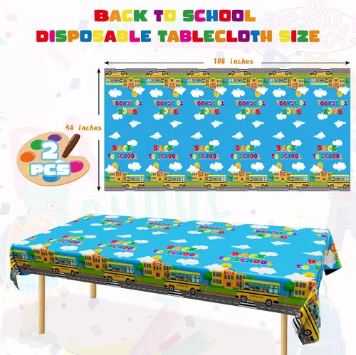 Vista 2 de Suministros de regreso a clases, 2 manteles de 108 x 54 pulgadas, manteles desechables coloridos para el primer día de escuela, rectangular
