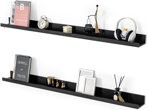 Vista 25 de Muzilife Estantes Flotantes de Pared Pequeños de 12" con Borde - Juego de 2 Estantes Flotantes de Madera - Repisa Negra Montada en Pared
