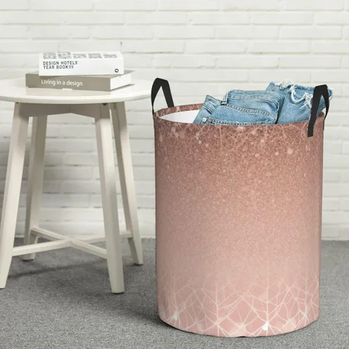 Vista 8 de Cesta circular con estampado de oro rosa, impermeable, cesta organizadora de lavandería, con asas, para ropa, juguetes, pequeña