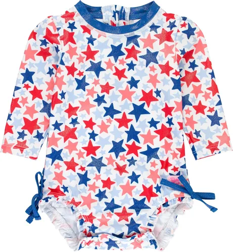 Vista 26 de RuffleButts - Traje de baño de una pieza con protección solar UPF 50+, camiseta de protección floral estampado, manga larga, con cierre zipper