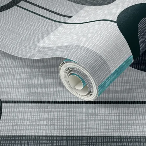 Vista 2 de Papel tapiz para despegar y pegar – Orbs Squares Grey Aqua Black White Vintage Blue Retro Circles Papel pintado personalizado extraíble por