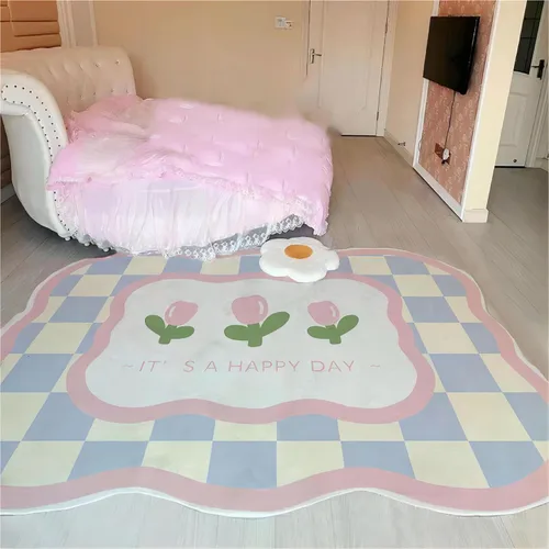 Vista 15 de Alfombra de área irregular morada, una alfombra decorativa moderna y simple impresa con patrones de tablero de ajedrez morado y blanco, tapete