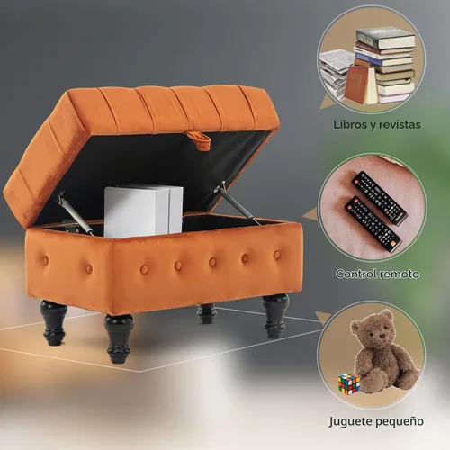 Vista 9 de Mesa de Centro Otomana de Almacenamiento Rectangular, Reposapiés Otomana de Dormitorio con Tapicería de Terciopelo Abotonado Capitoné para Sala