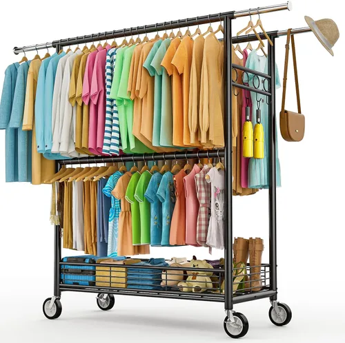 Vista 10 de Perchero de ropa resistente con carga de 860 libras, estantes de ropa rodantes de doble barra para colgar ropa, estante de ropa rodante con estantes