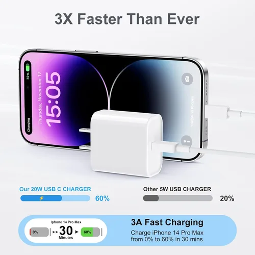 Vista 2 de Cargador para iPhone de carga rápida original [certificado Apple MFi], paquete de 2 bloques de carga de pared tipo C con 2 cables USB C a Lightning
