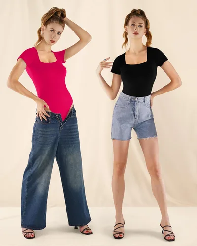 Vista 6 de MANGOPOP - Body de manga corta con cuello cuadrado para mujer
