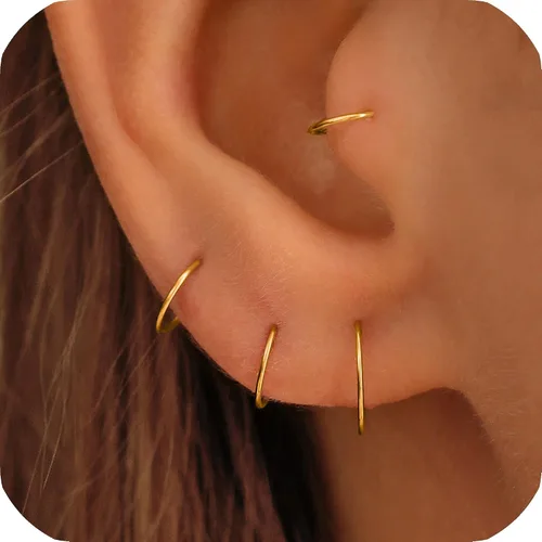 Vista 10 de Small Thin Hoop Earrings for Women,Tiny Huggie Hoop Rings for Cartilage,Helix,Targus,Conch,Nose,22g/24g/20g,14K Gold Filled/Sterling Silver/Rose