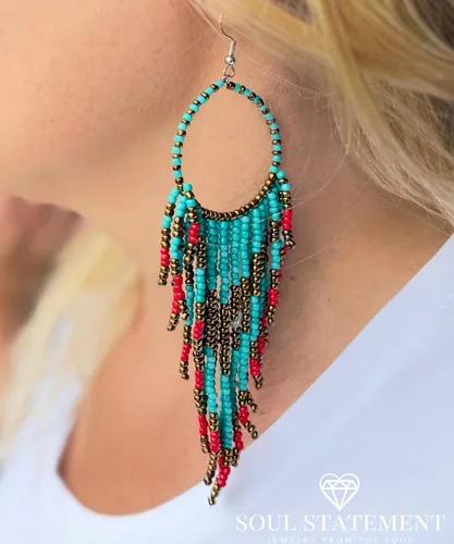 Vista 9 de Western Earring Bundle for Women Boho Turquoise Patina Tassels & Handmade Colorful Bead Dangles for Concerts & Festivals