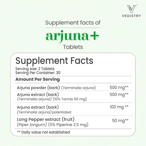 Vista 9 de Vedistry Suplemento de extracto de corteza de Arjuna Tabletas de Arjuna de 1100 mg con pimienta larga para la salud del corazón y el apoyo