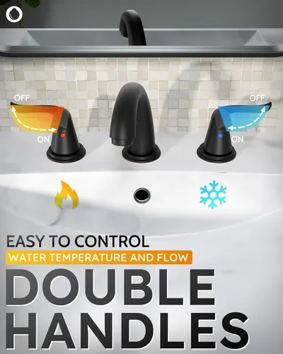 Vista 5 de WOWOW Grifo de Baño Extendido - 3 Orificios, Negro, Centro de 8 Pulgadas, Doble Manija, Arco Alto, Grifo de Lavabo con Ensamble de Drenaje Pop-Up