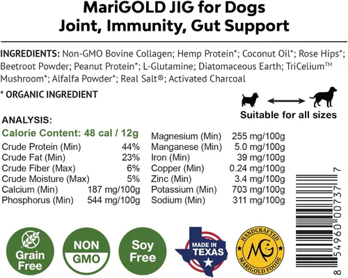 Vista 7 de MariGold JIG para perros, articulaciones, inmunidad, apoyo intestinal y colágeno para perros, sin OMG, cacahuetes orgánicos, cáñamo orgánico, libre