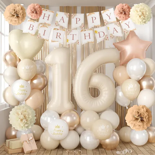 Vista 17 de Decoraciones de cumpleaños número 13 en crema para niñas, globos beige con número 13 en forma de corazón y estrella marrón, globos neutros