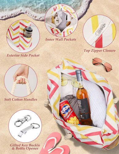 Vista 4 de Allinside Bolsa de playa a rayas onduladas para mujer, bolsa de playa extra grande, impermeable, bolsa de fin de semana para gimnasio, playa