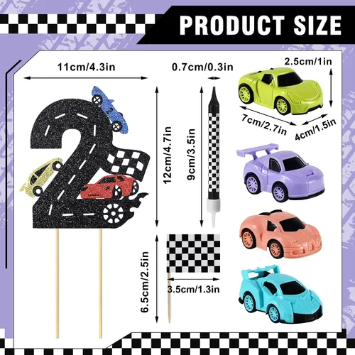 Vista 2 de Decoración para tartas de auto de carreras, 15 piezas, decoración de cumpleaños de autos de carreras, velas de cumpleaños falg a cuadros
