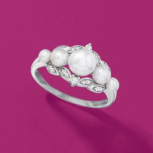 Vista 4 de Ross-Simons Anillo de perlas cultivadas de 0.118-0.256in con diamantes de 0.10 quilates en plata de ley