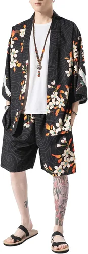 Vista 5 de PRIJOUHE Mens Kimono Two Piece Set Japanese Yukata Summer Beach Outfits