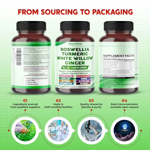 Vista 8 de Suplemento todo en 1 Boswellia, cúrcuma, sauce blanco y jengibre, apoya la comodidad de las articulaciones, la flexibilidad y el bienestar digestivo