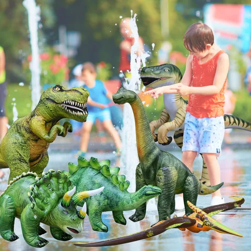 Vista 3 de Jet Creations Paquete de 6 inflables de dinosaurio – T-Rex, Brachiosaurus, Triceratops, Stegosaurus, Raptor y Pteranodon, 43 pulgadas + decoraciones