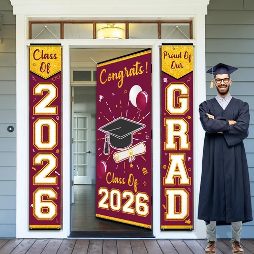 Vista 5 de Letrero de graduación granate y dorado para porche, decoración de graduación de Calss of 2026, 3 unidades, pancarta de graduación Cartel