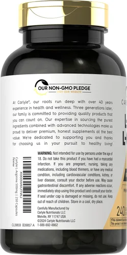 Vista 3 de Carlyle L-Arginina L-Citrulina Suplemento 2250 mg 240 cápsulas en polvo Precursores de óxido nítrico Forma libre Sin OMG y sin gluten