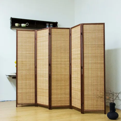 Vista 8 de Divisor de habitación de bambú de 3 paneles, pantalla de privacidad plegable beige de 5.6 pies de alto, pared de división independiente de doble