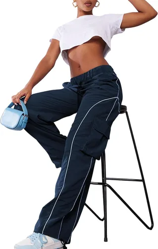 Vista 5 de Pantalones de paracaídas para mujer, pantalones cargo Y2k de tiro bajo, ropa de calle, pierna ancha, pantalones deportivos holgados