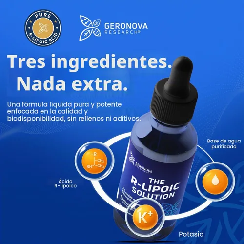 Vista 5 de Geronova Research® La solución R-lipoica, 2 fl oz Líquido de ácido R-lipoico estabilizado en potasio - Salud nerviosa y equilibrio celular - Gotas