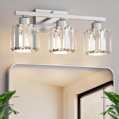Vista 10 de comzler Lámparas de baño de 3 luces sobre espejo, lámpara de pared de cristal de níquel cepillado con base E26 para espejo, cocina, sala de estar
