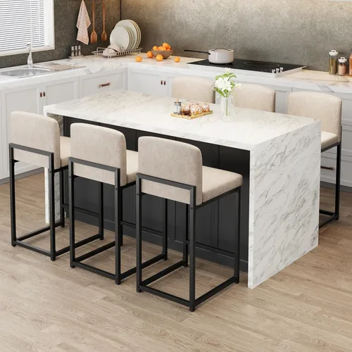 Vista 4 de GarveeHome Juego de 2 taburetes de bar, modernos taburetes de bar de altura de mostrador con respaldo y reposapiés, taburetes de bar tapizados