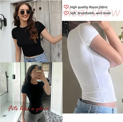 Vista 3 de Dwnval Camisetas básicas sexys para mujer, blusas de verano de manga corta con cuello redondo y ajuste entallado