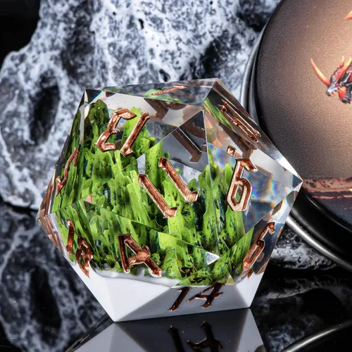 Vista 5 de KERWELLSI Juego de dados DND de resina, dados D20 gigantes individuales de 1.299 in con caja de regalo, juego de rol RPG poliédrico natural bosque