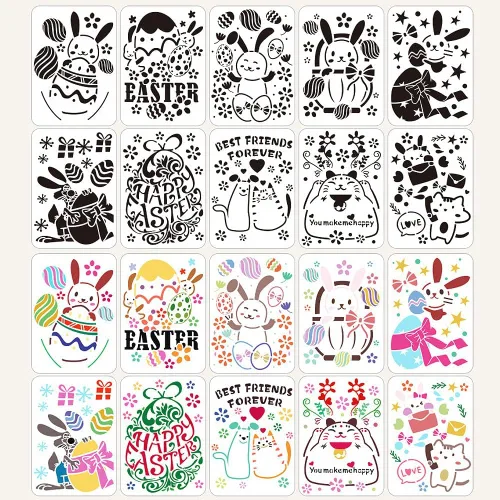 Vista 2 de Plantilla de plantillas de pintura de Pascua, 10 unidades, diseño de conejito de Pascua, huevo de gato, plantilla de pintura de plástico, plantillas