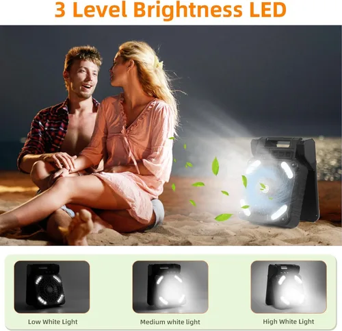 Vista 3 de Ventilador solar para camping de 20000 mAh, portátil, recargable, ventilador solar para cenador con luz LED y temporizador, batería inalámbrica de 4