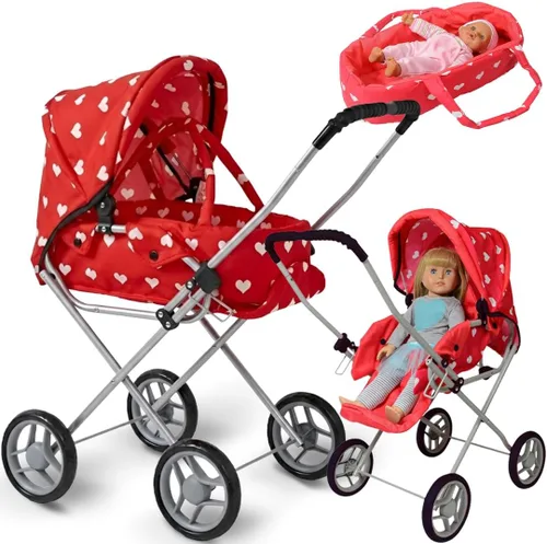 Vista 9 de Juego de Cochecito de Muñeca, Cochecito de Muñeca 3 en 1 con Moisés Extraíble, Carrito para Muñecas, Cochecito de Muñeca de Juguete para Niños Floral