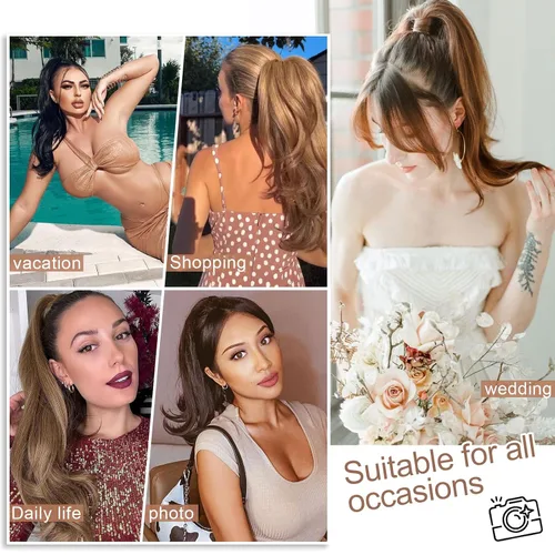 Vista 5 de KooKaStyle Extensiones de cola de caballo, 16 pulgadas, color marrón oscuro, largo, ondulado, con clip, extensiones de cabello sintético en capas