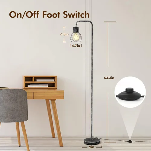 Vista 5 de Lámpara de pie industrial, lámpara de pie plateada antigua moderna con bombilla LED de 6 W, interruptor de pie, lámparas altas de metal para sala