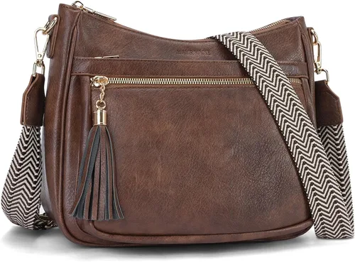 Vista 10 de Bolsos cruzados medianos para mujer, de cuero vegano, bolsos cruzados con múltiples bolsillos, bolsos de hombro con borla