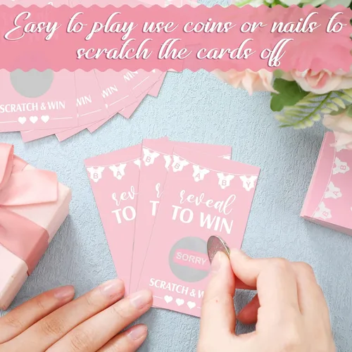 Vista 4 de Jexine Juego de 60 tarjetas para raspar para baby shower, color rosa, divertidas tarjetas para rascar, para fiestas de baby shower