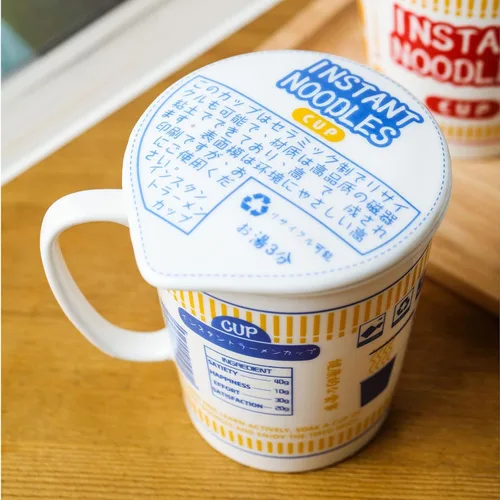 Vista 3 de Cuenco de fideos instantáneos de cerámica con tapa, taza creativa para sopa de ramen, cuenco para almuerzo para estudiantes (color azul, tamaño: S)