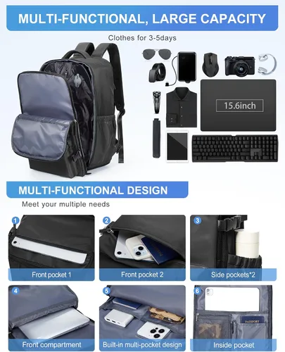 Vista 6 de winspansy Mochila de viaje esencial de viaje con bomba de aire, bolsas de compresión para viajes, transporte aprobado por vuelo, mochila