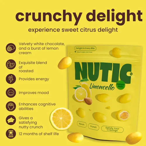 Vista 3 de Nutic Lemoncello - Almendras cubiertas de chocolate, 1 libra, almendras tostadas en chocolate blanco y crema de limón. Sabores cítricos
